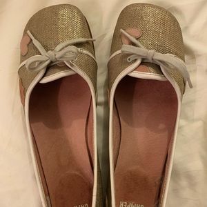 Camper gold ballet flats with hearts and a bow